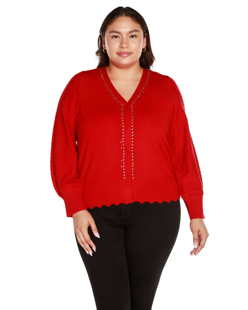 Front of a model wearing a size 2X Rhinestone Embellished Cardigan in Belldini Red by Belldini Black Label. | dia_product_style_image_id:319169